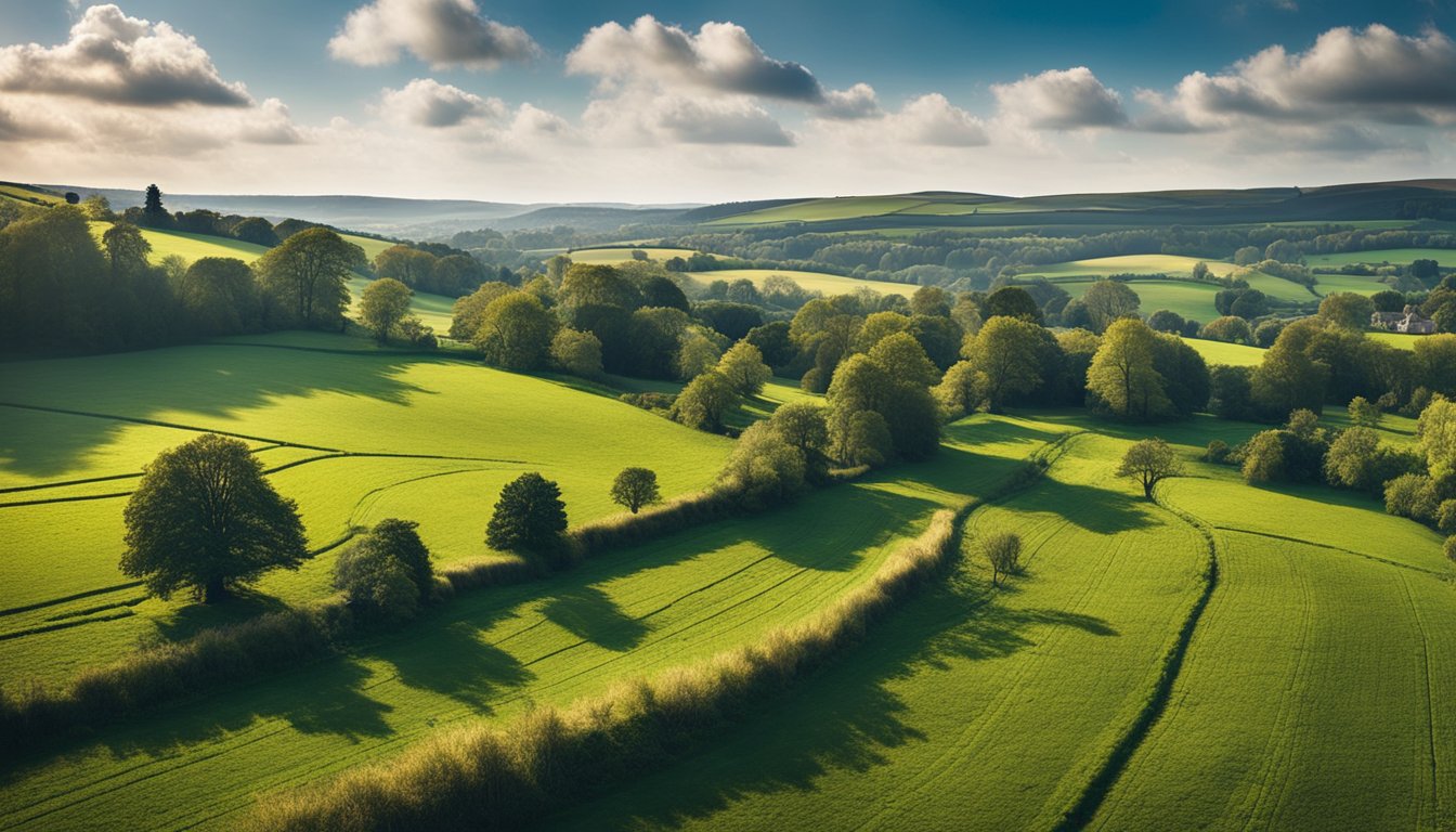 Rural UK: poor digital connectivity. Illustrate countryside with limited technology access, contrasted with urban areas