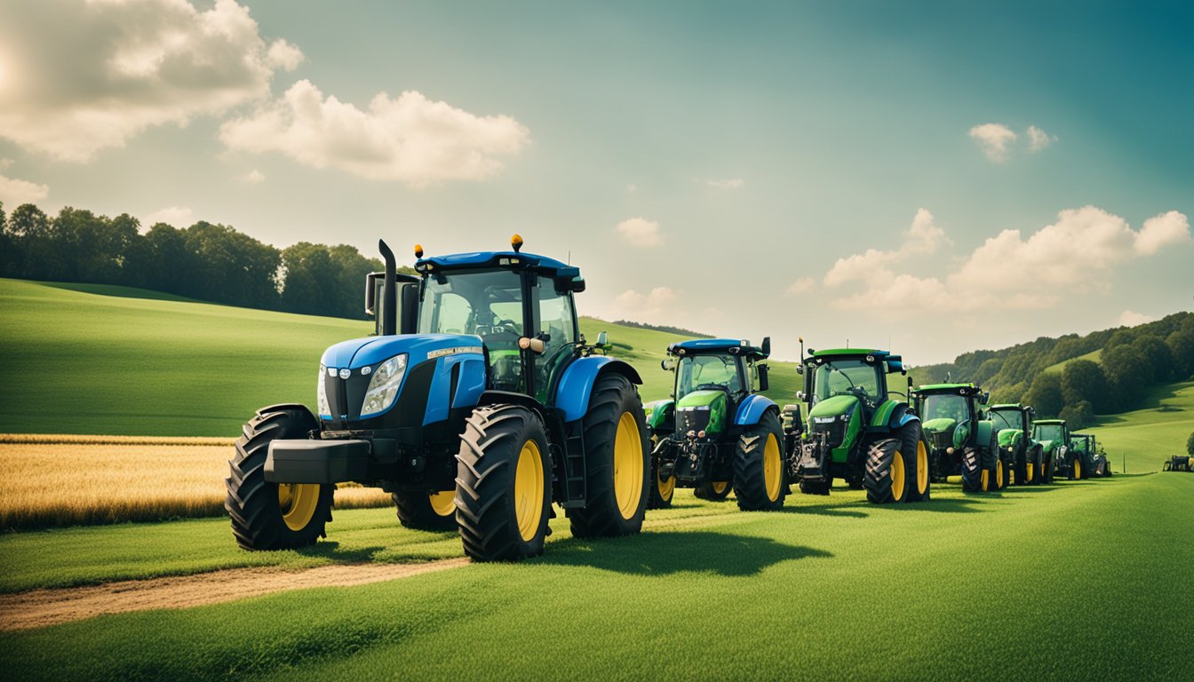 A lineup of modern tractors on a lush green farm field, with clear blue skies and rolling hills in the background