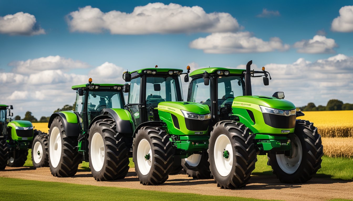 A lineup of top fuel-efficient tractor models on a UK farm, with green fields and a clear blue sky in the background