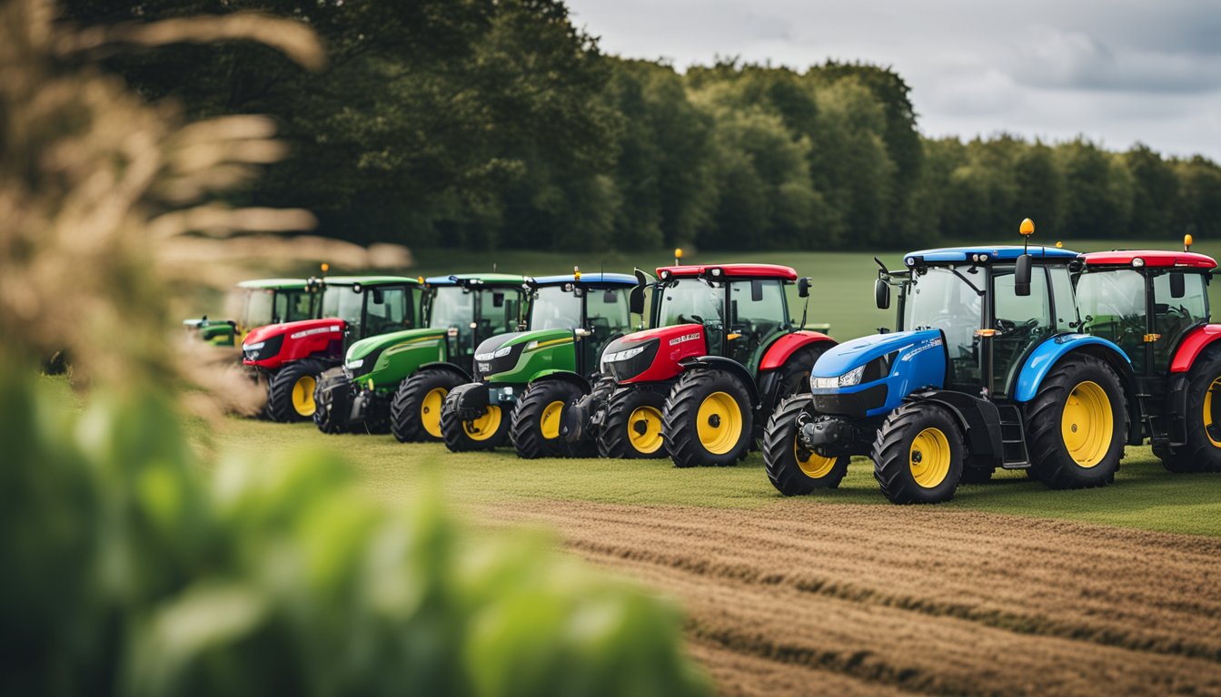 A line-up of modern tractors on a UK farm, with fuel efficiency labels and a FAQ sign displayed