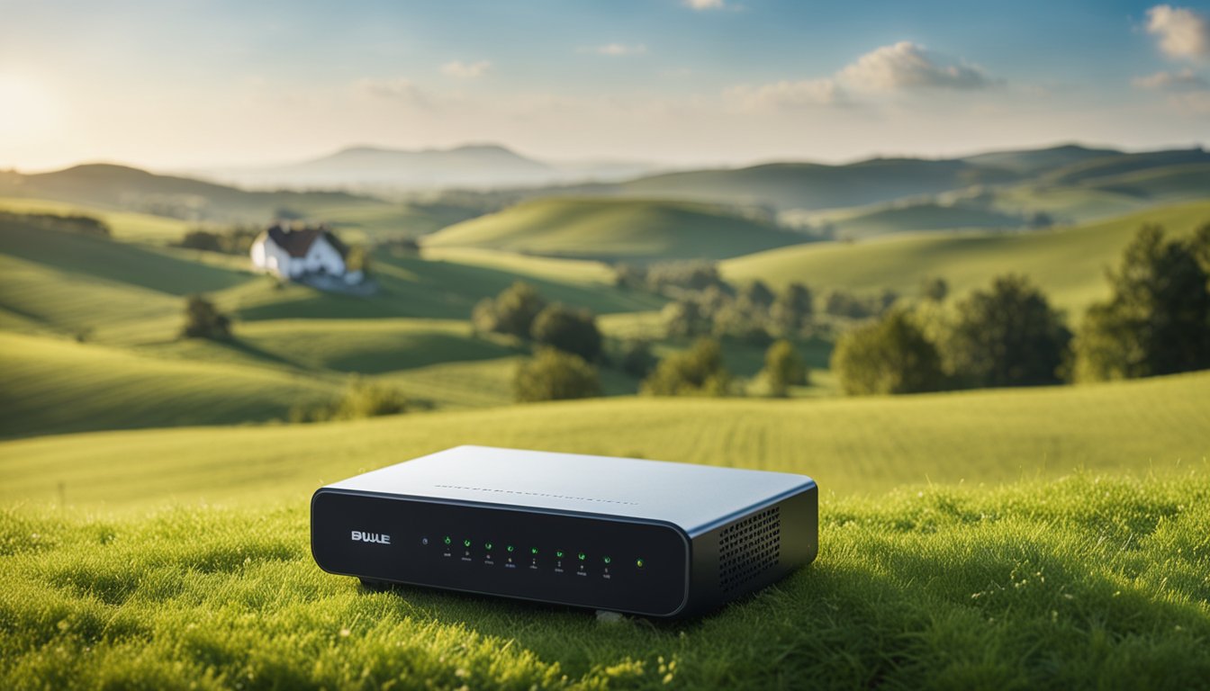 A serene countryside landscape with rolling hills, a quaint farmhouse, and a clear blue sky. A rural broadband router sits prominently in the foreground, symbolizing connectivity in the peaceful setting