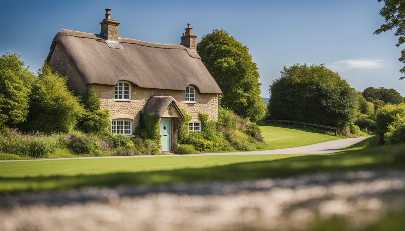 A countryside landscape with a traditional British cottage surrounded by rolling hills and green fields. A clear blue sky overhead with a rural broadband router positioned prominently in the foreground