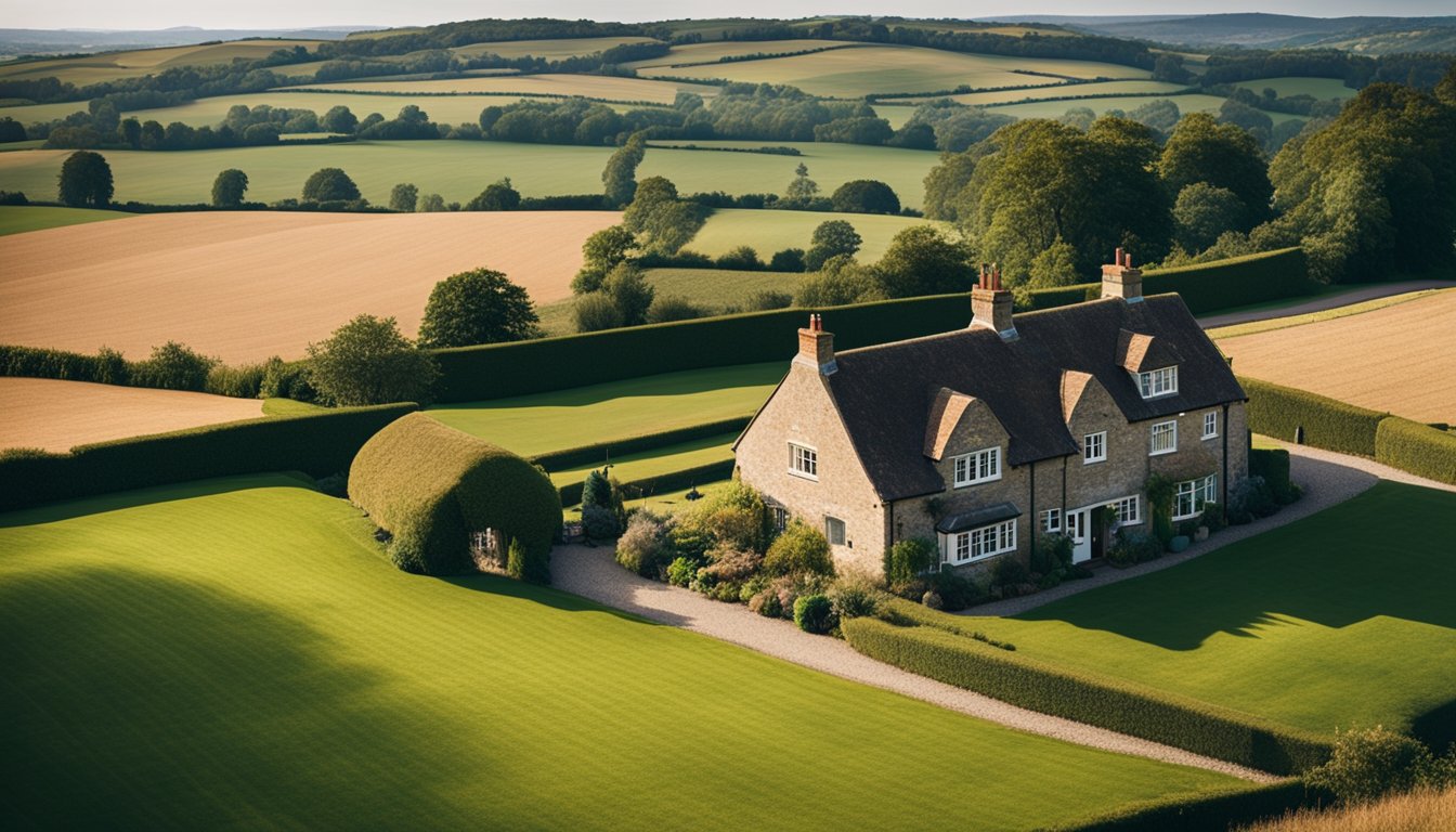 A rural UK home with a smart security system installed, surrounded by open fields and a peaceful countryside landscape