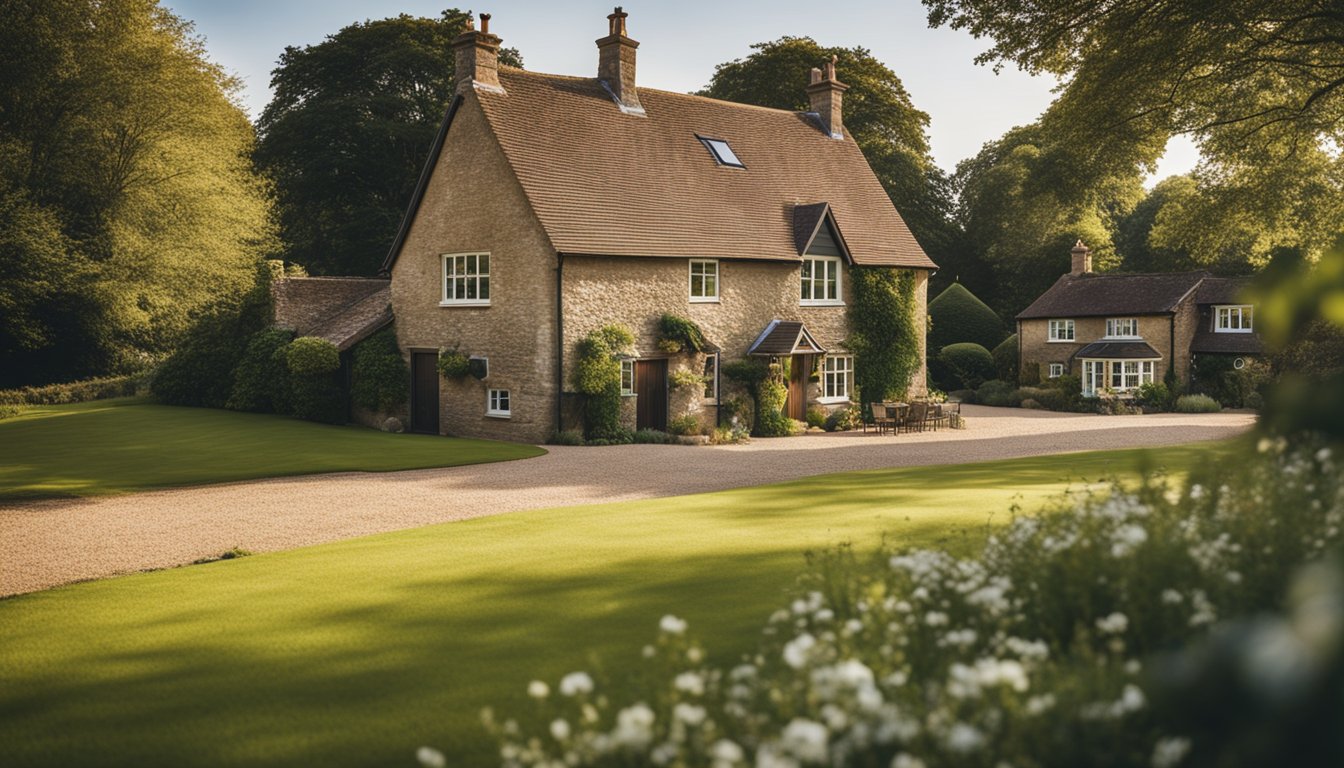 A picturesque rural UK landscape with modern smart home security systems integrated into traditional homes