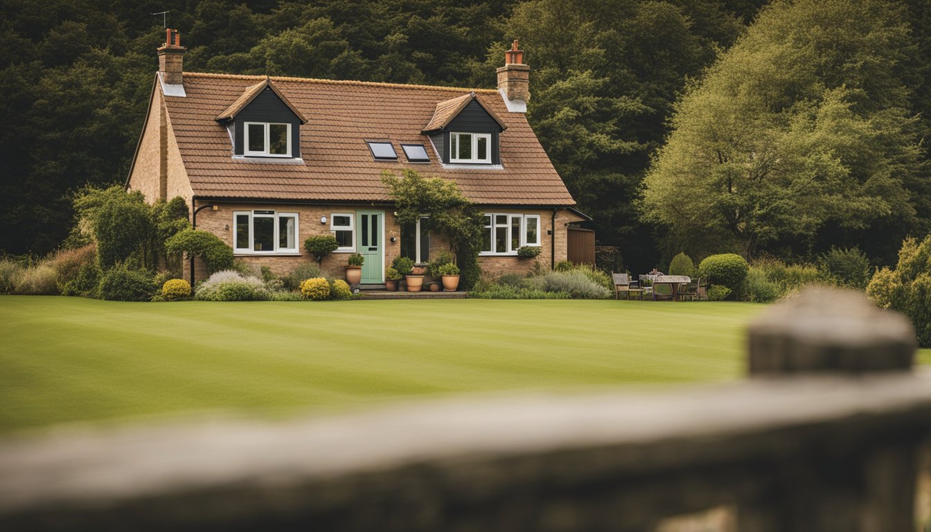 A rural UK home surrounded by fields and trees, with a smart security system installed on the front porch. The system includes cameras, motion sensors, and a control panel