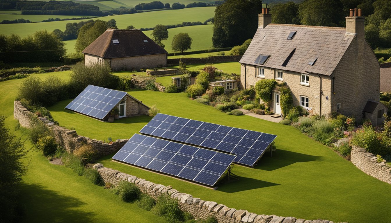 A rural UK home with solar panels on the roof, a wind turbine in the yard, and a small stream with a hydroelectric generator