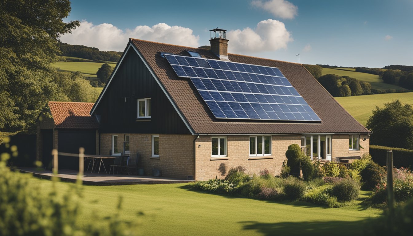 A rural UK home with solar panels on the roof, a wind turbine in the distance, and a biomass boiler outside