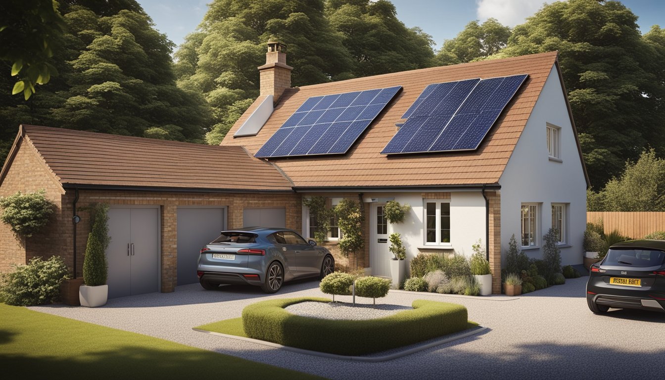 A rural UK home with solar panels on the roof, a wind turbine in the yard, and an electric car charging station in the driveway