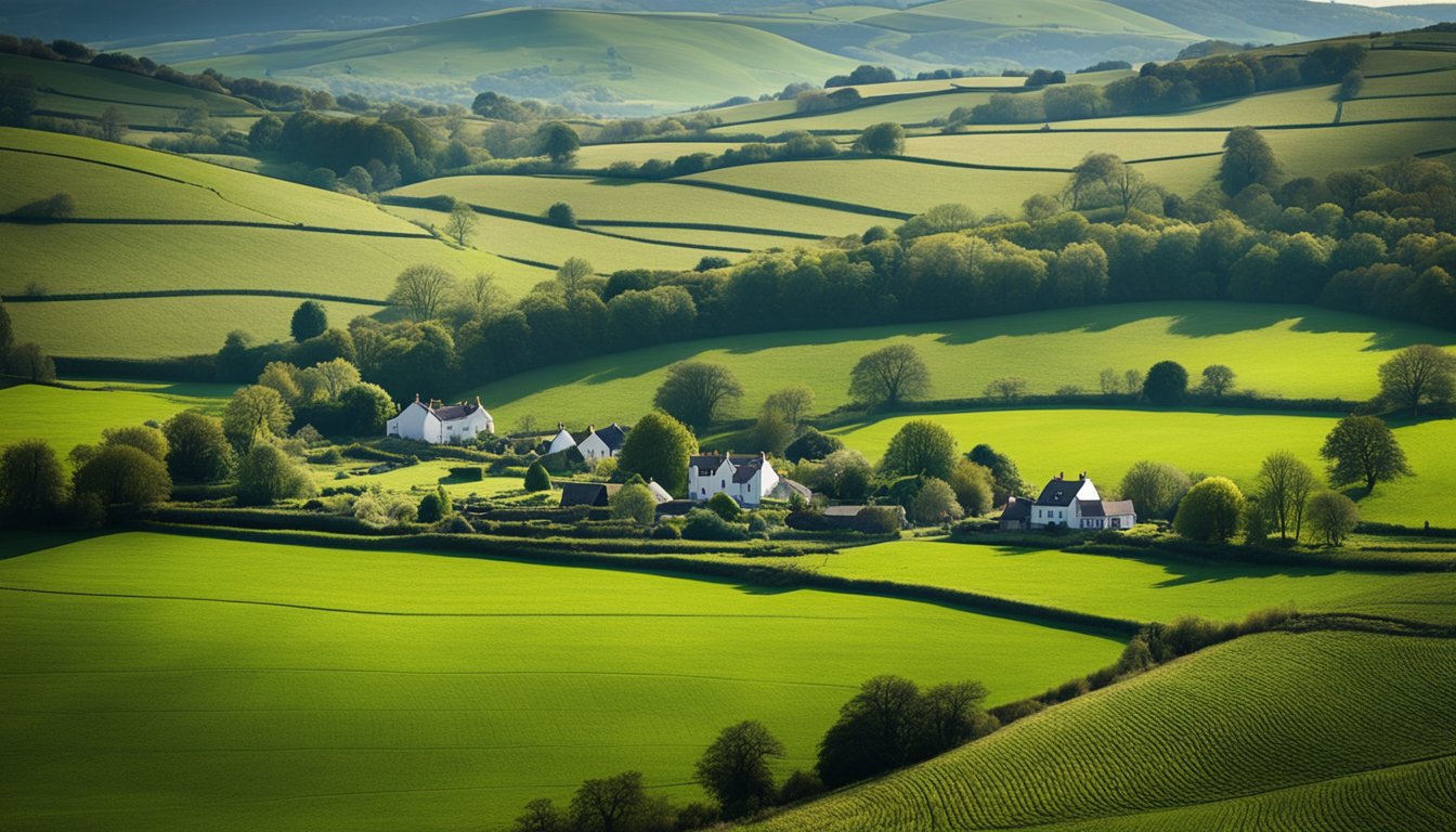 A rural UK landscape with rolling hills and scattered farmhouses, surrounded by patchy internet connectivity and outdated infrastructure