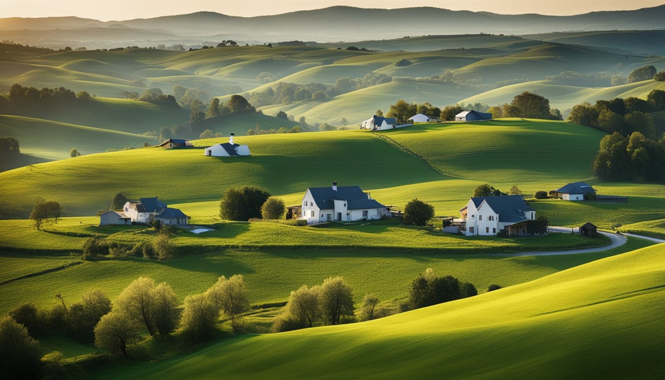 A rural landscape with rolling hills, scattered farmhouses, and a mix of traditional and modern infrastructure, including satellite dishes and fiber optic cables