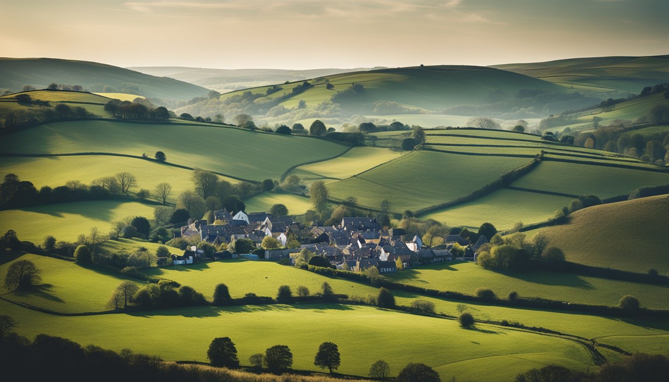 A rural UK landscape with scattered homes, rolling hills, and a lack of visible digital infrastructure