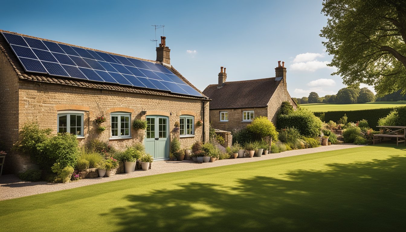 A quaint rural UK home with solar panels on the roof, surrounded by green fields and a clear blue sky