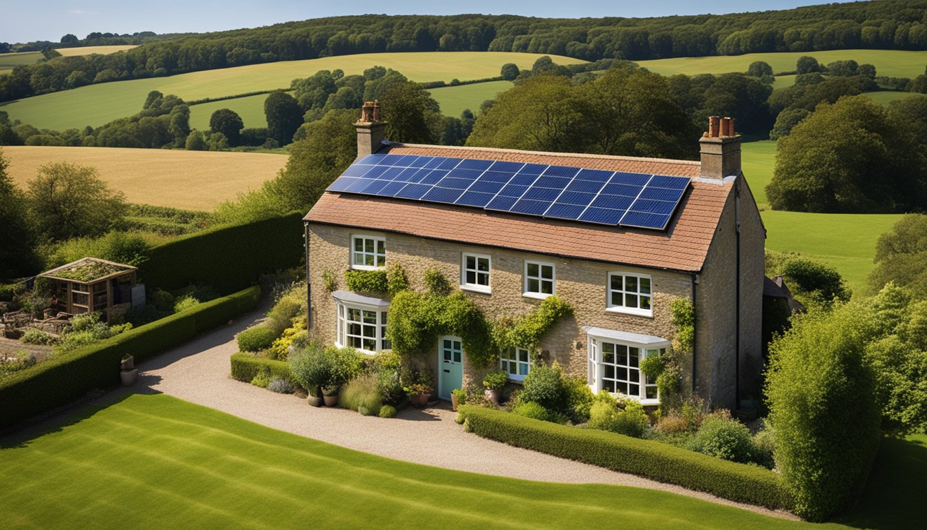 A rural UK home with solar panels on the roof, surrounded by green fields and a clear blue sky