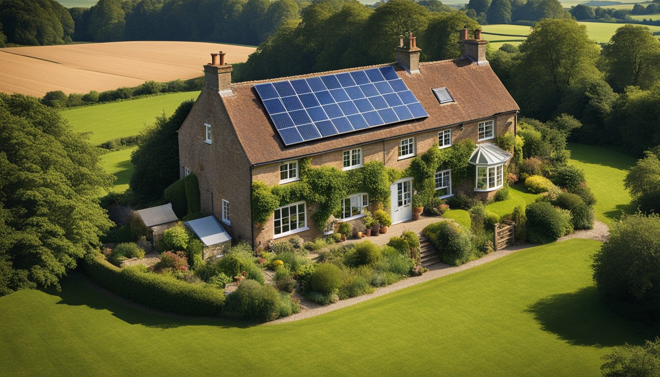 A rural UK home with solar panels on the roof, surrounded by green fields and a clear blue sky