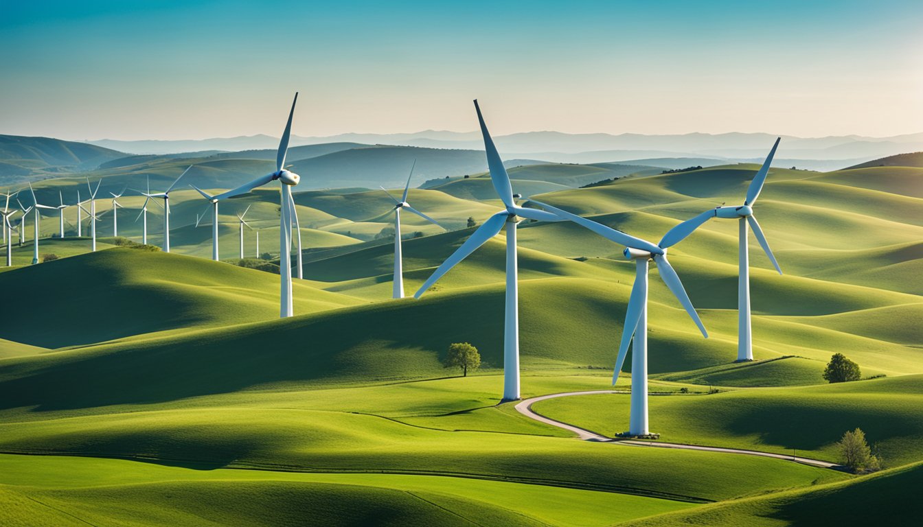 A wind farm with multiple turbines set against a backdrop of rolling green hills and a clear blue sky