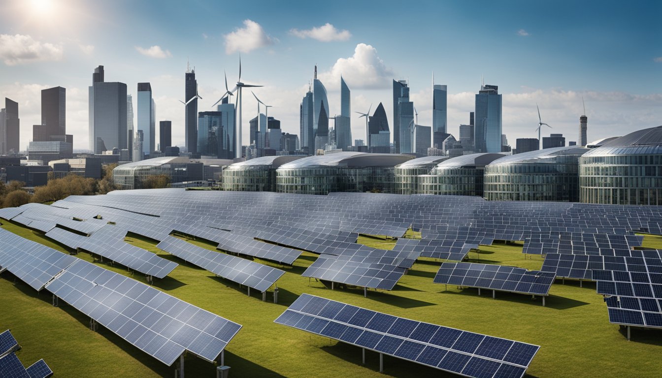 A bustling city skyline with wind turbines and solar panels integrated into buildings, showcasing the growth of renewable energy in the UK