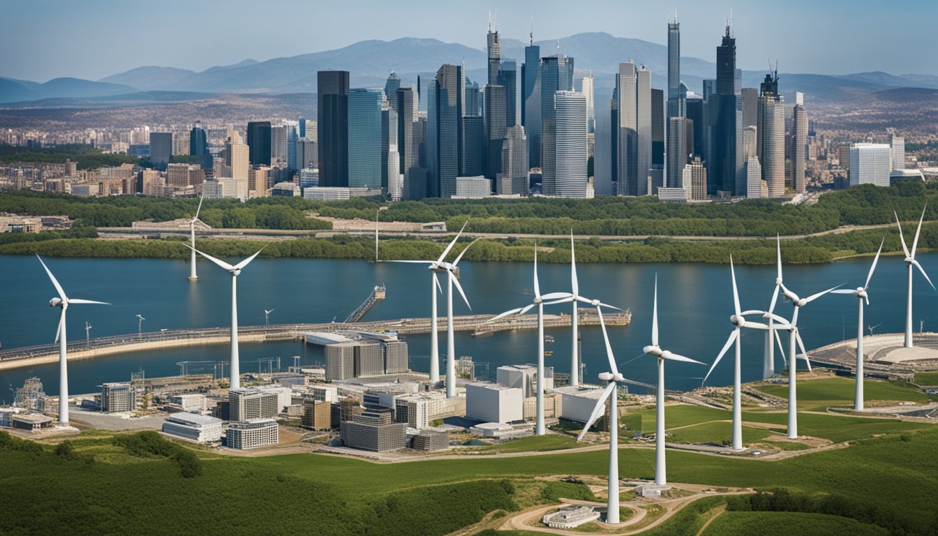 A bustling city skyline with various renewable energy sources such as wind turbines, solar panels, and hydroelectric dams in the background