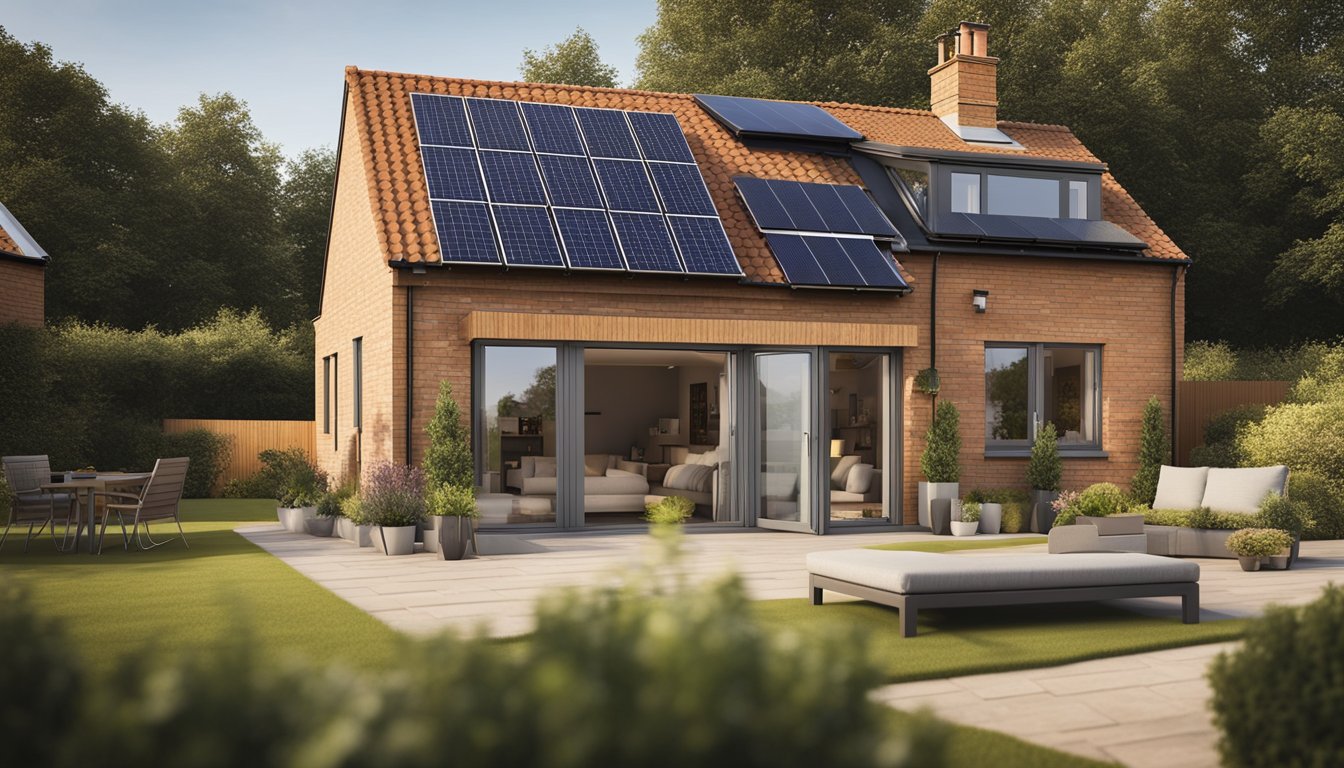 A cozy rural UK home with solar panels on the roof, double-glazed windows, and a well-insulated attic. A smart thermostat controls the heating, and LED light bulbs illuminate the rooms