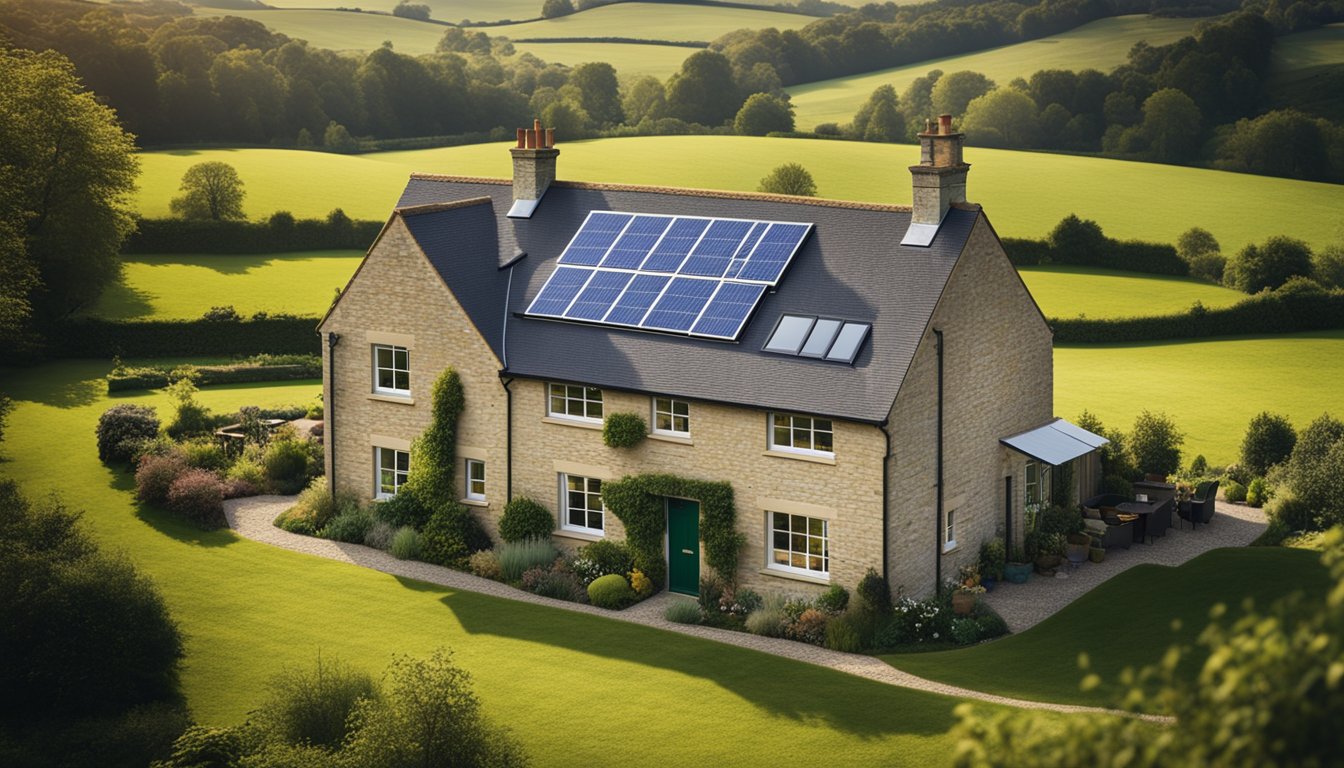 A cozy rural UK home with a prominent Energy Performance Certificate displayed, surrounded by green countryside and renewable energy sources like wind turbines or solar panels