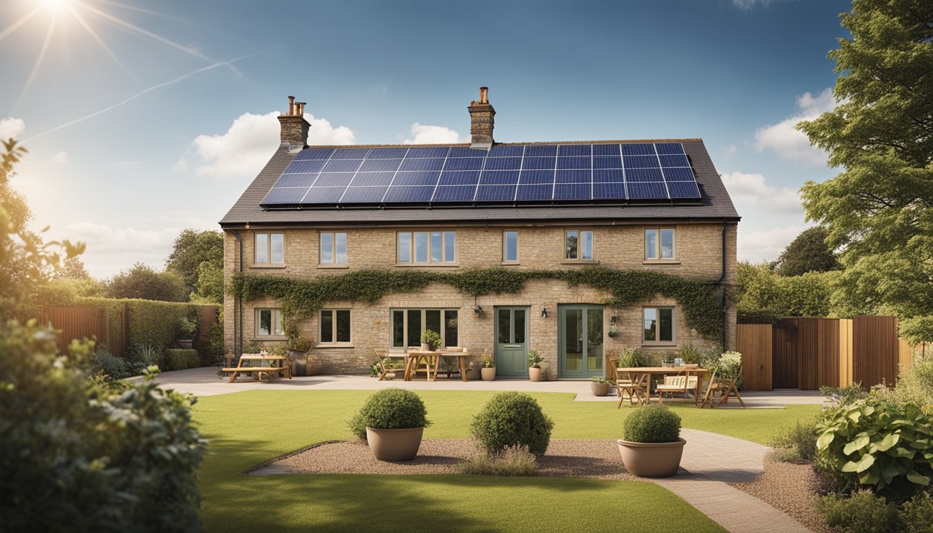 A cozy rural UK home with solar panels, insulated windows, and energy-efficient appliances