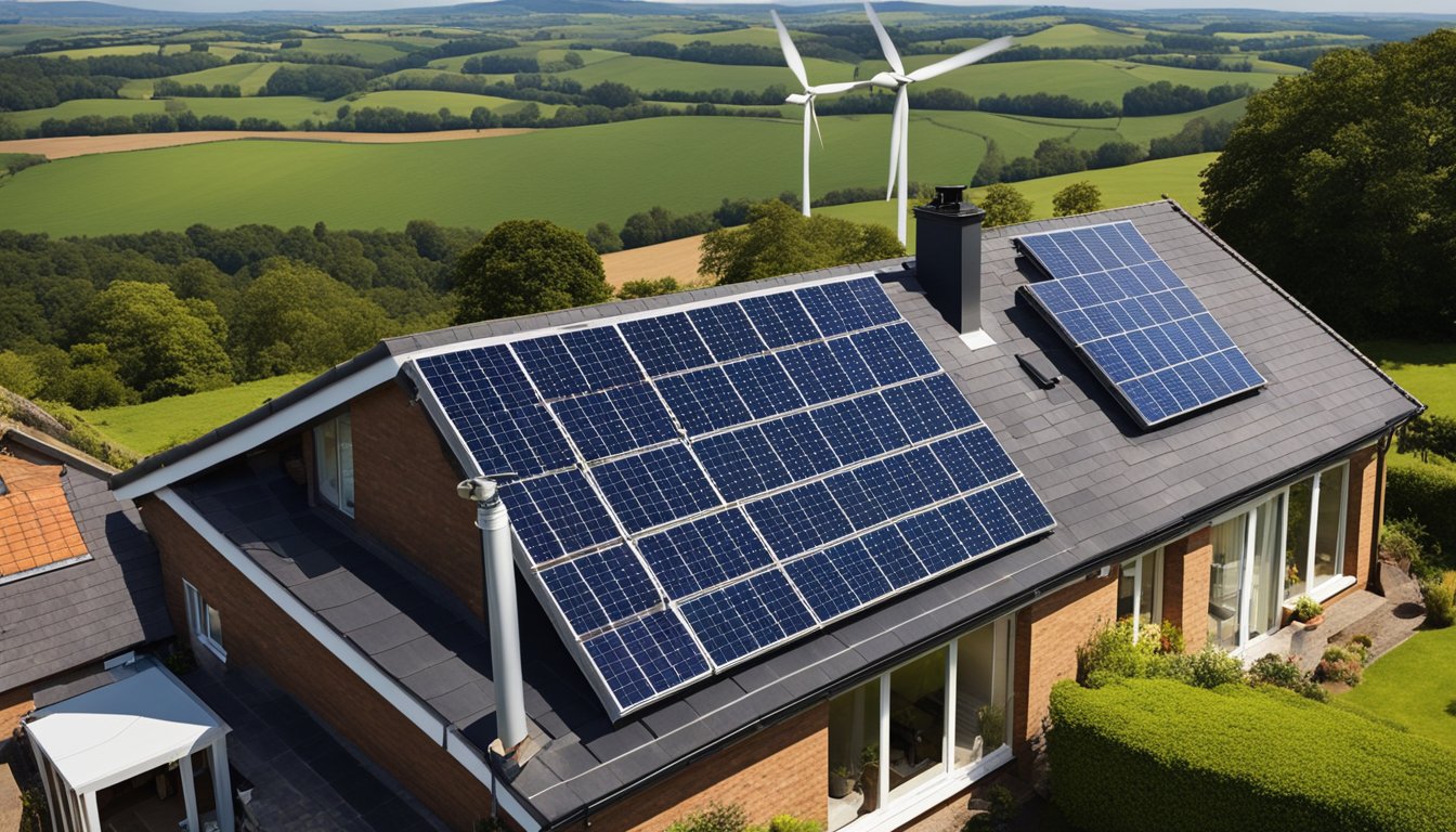 A rural UK homeowner installs solar panels on their roof, with a wind turbine in the background. The sun is shining, and the countryside is lush and green