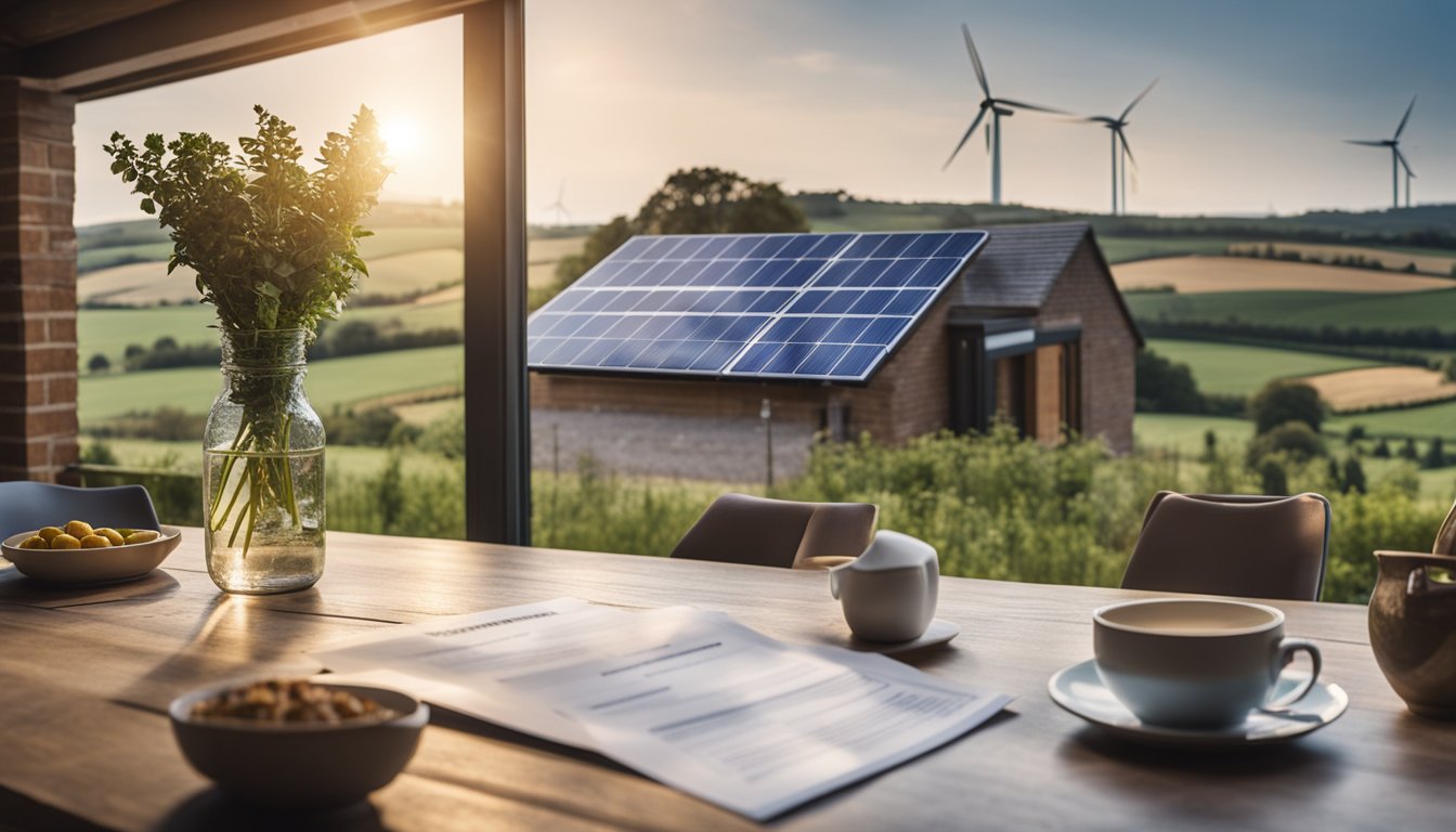 A rural UK home with solar panels on the roof, wind turbines in the distance, and a government grant application form on a kitchen table