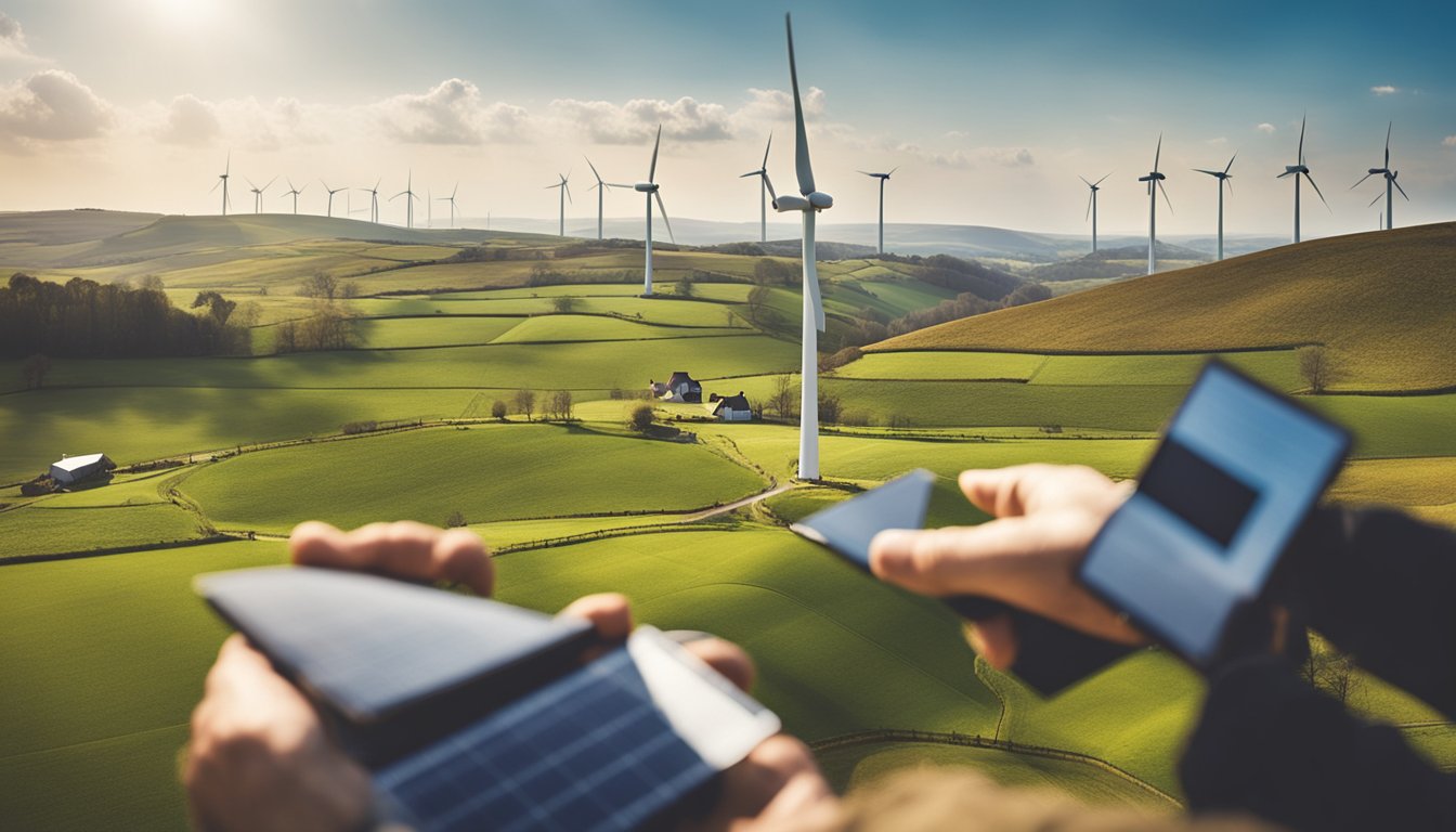 A rural UK homeowner receiving a grant for renewable energy, surrounded by a picturesque countryside landscape with wind turbines or solar panels