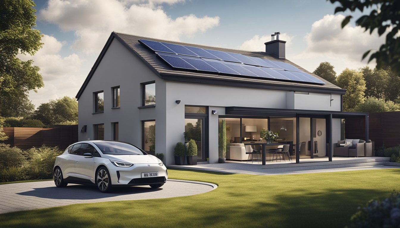 A modern UK home with solar panels on the roof, a wind turbine in the yard, and an electric car charging in the driveway