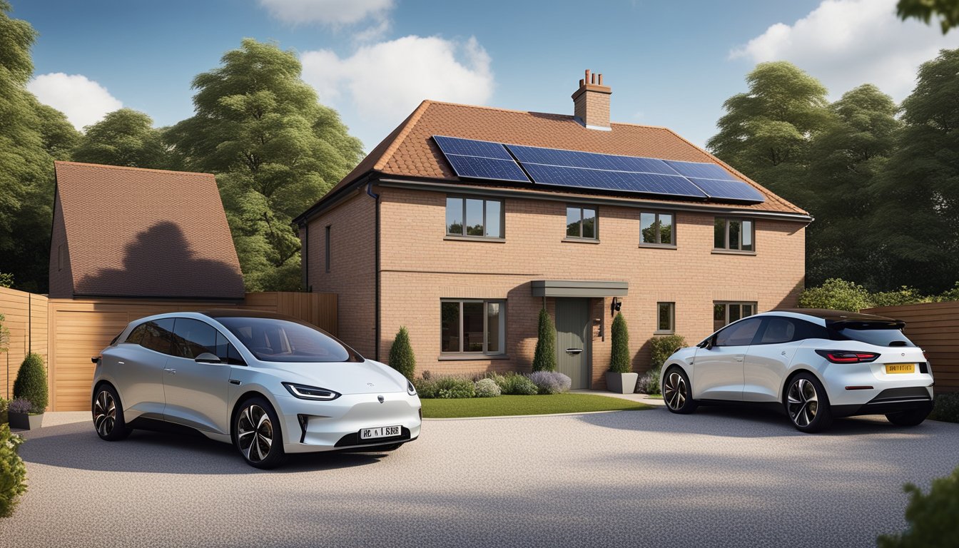 A modern UK home with solar panels on the roof, a wind turbine in the backyard, and an electric car charging in the driveway