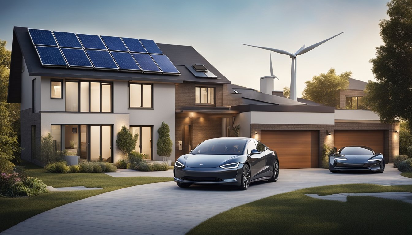 A modern home with solar panels on the roof, a wind turbine in the yard, and an electric car charging in the driveway