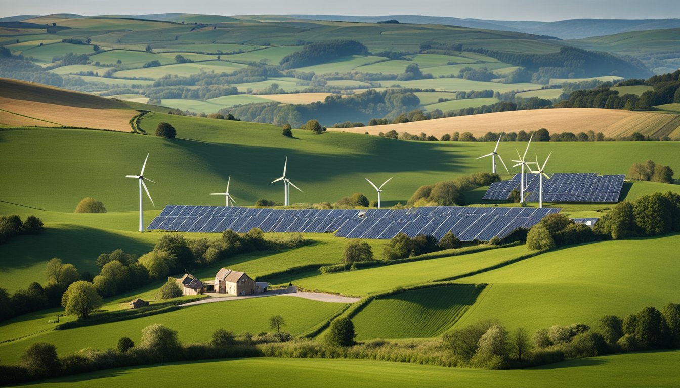 A picturesque UK farm with rolling green hills, fields of crops and livestock grazing. Wind turbines and solar panels dot the landscape, showcasing sustainable energy sources