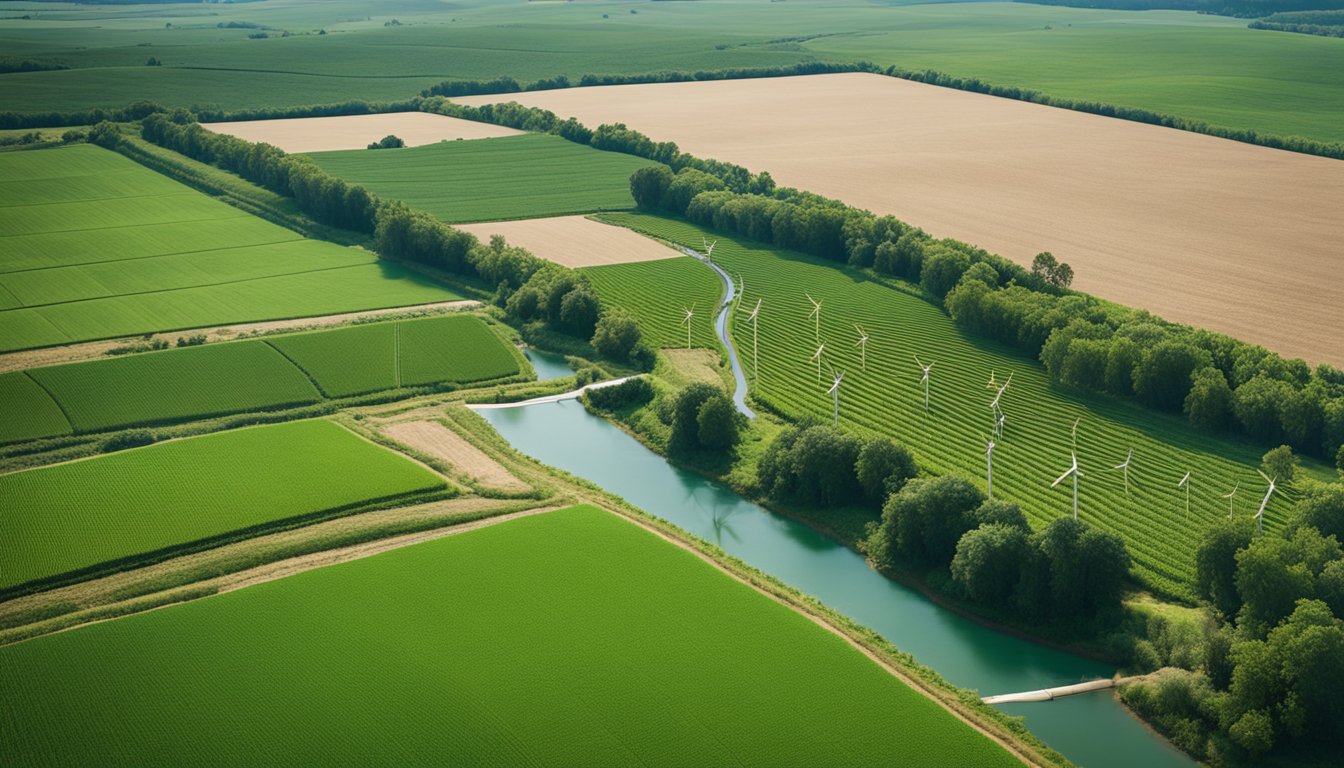 A lush, green farm with diverse crops, wind turbines, and water-saving irrigation systems, surrounded by hedgerows and wildlife habitats