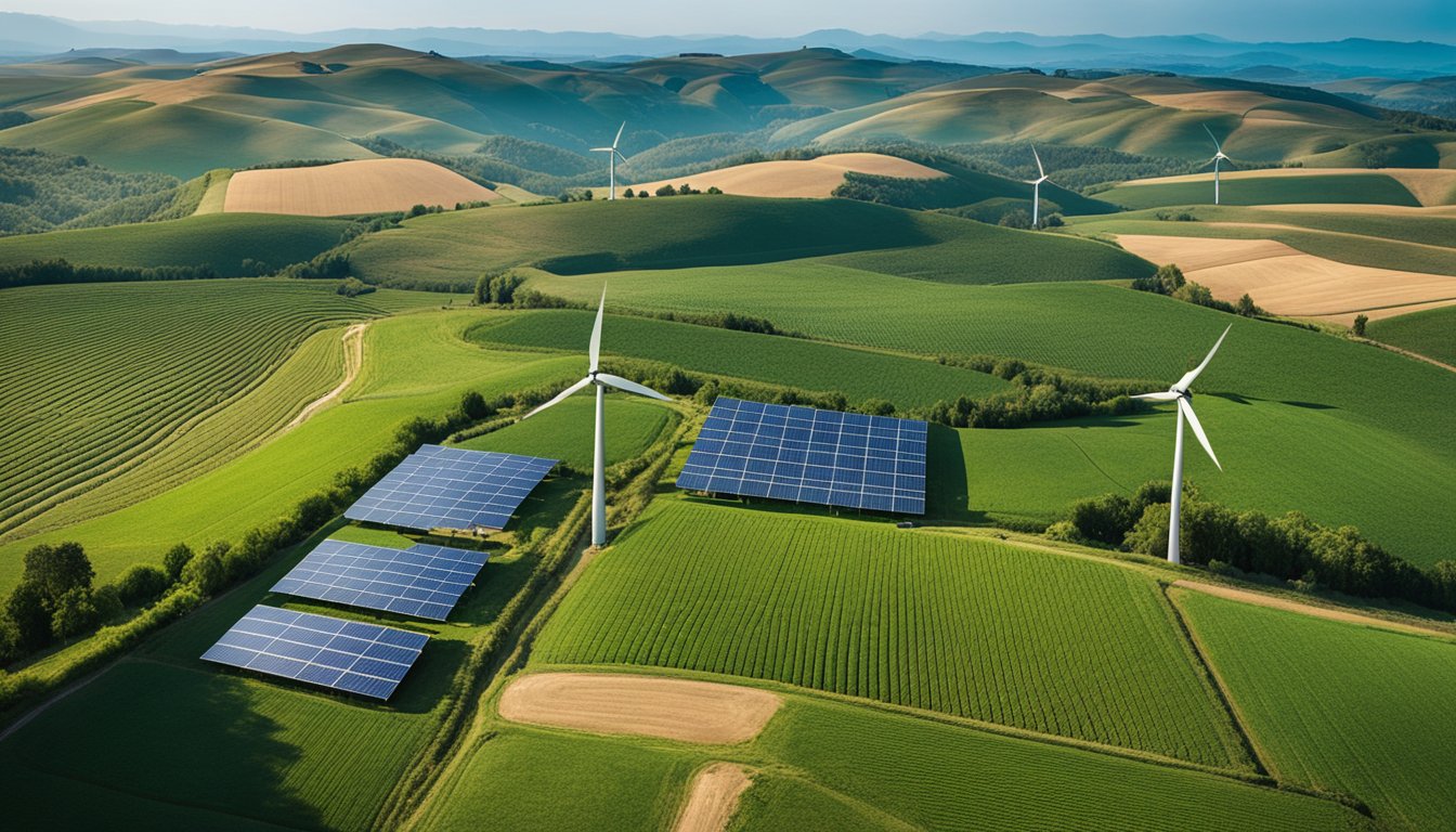 A lush green farm with diverse crops, solar panels, and wind turbines, surrounded by rolling hills and a clear blue sky