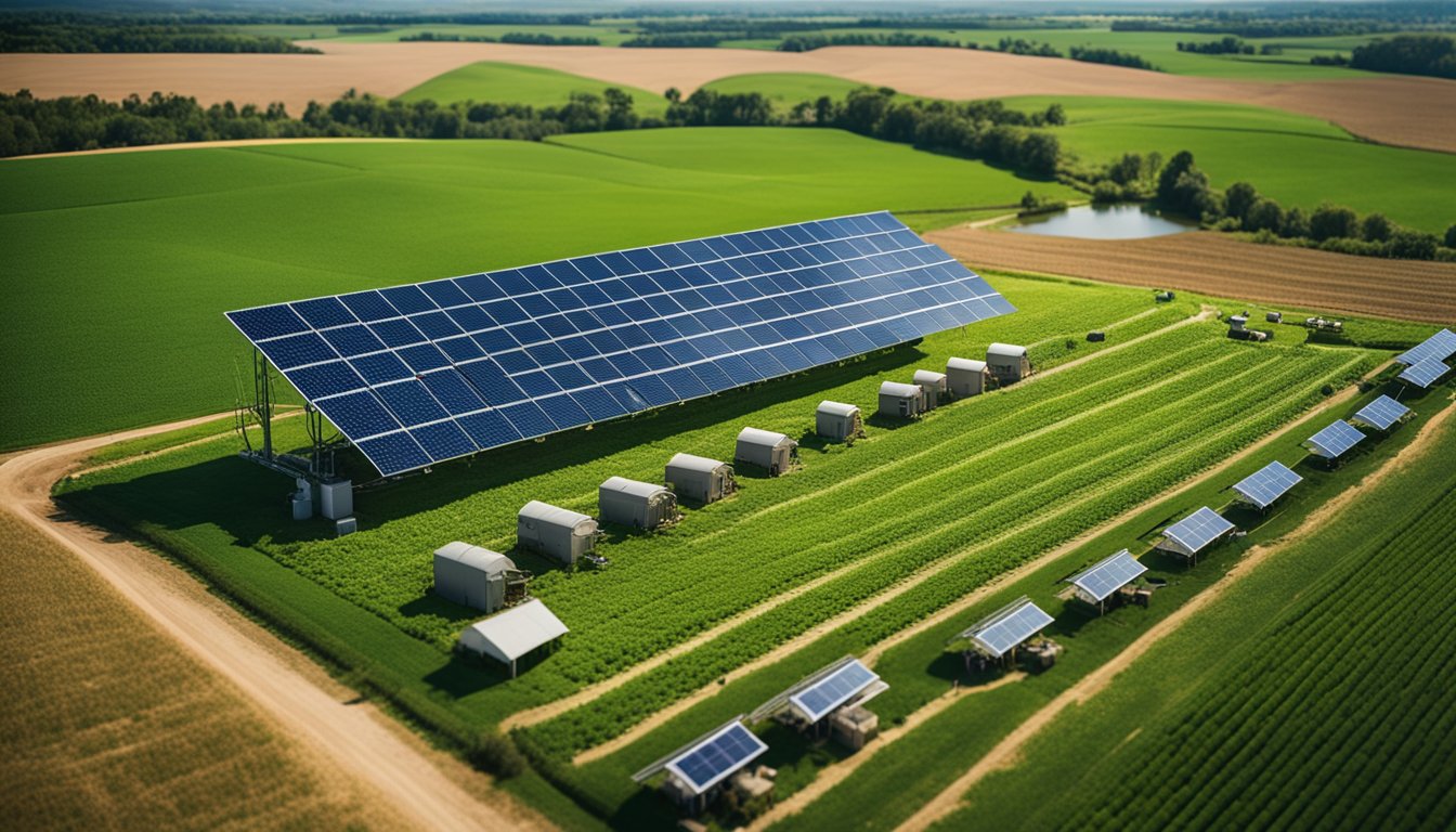 A lush green farm with solar panels, wind turbines, and water-saving irrigation systems. Bees pollinate colorful crops while sheep graze on pesticide-free grass