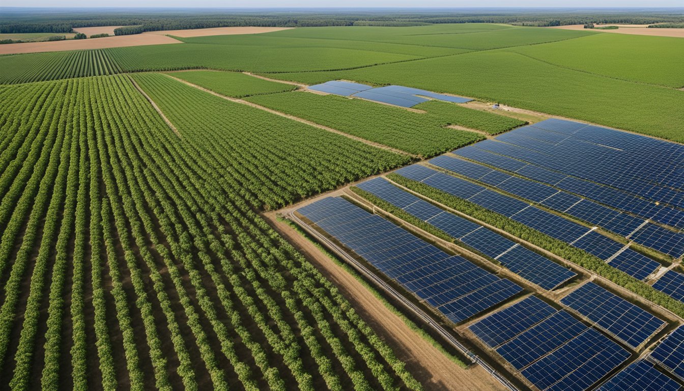 A lush, vibrant farm scene with solar panels, wind turbines, and eco-friendly irrigation systems. Crop rotation and natural pest control methods are visible