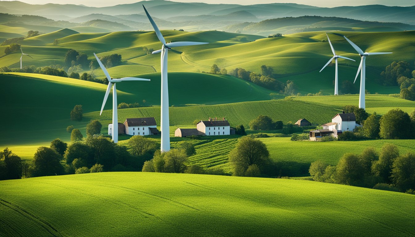 A lush, green countryside with rolling hills and fields of crops, wind turbines in the distance, and a modern eco-friendly farm with innovative technology