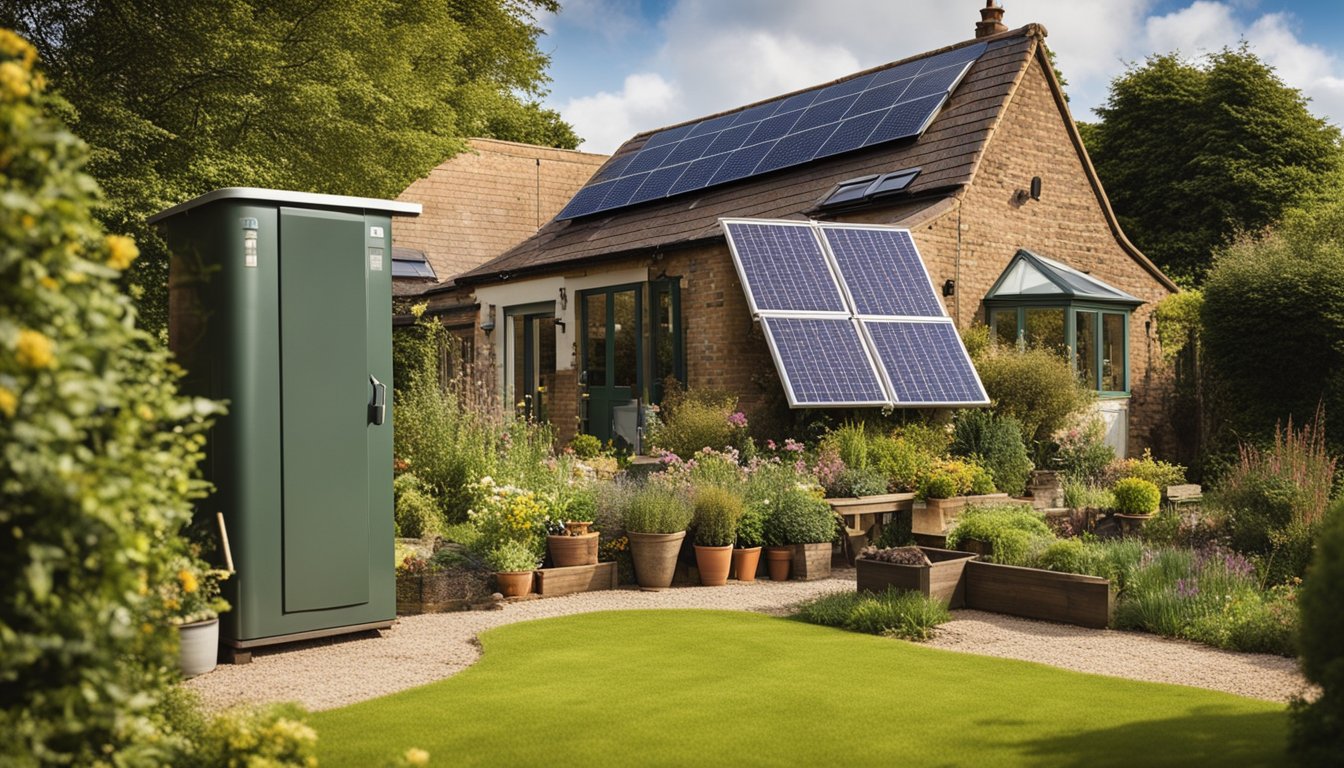 A cozy rural UK home with solar panels, a wind turbine, and a compost bin in the garden