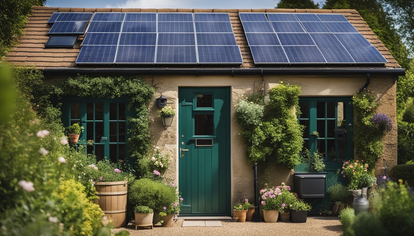 A cozy rural UK home with solar panels, a compost bin, and a water-saving faucet in a lush garden setting