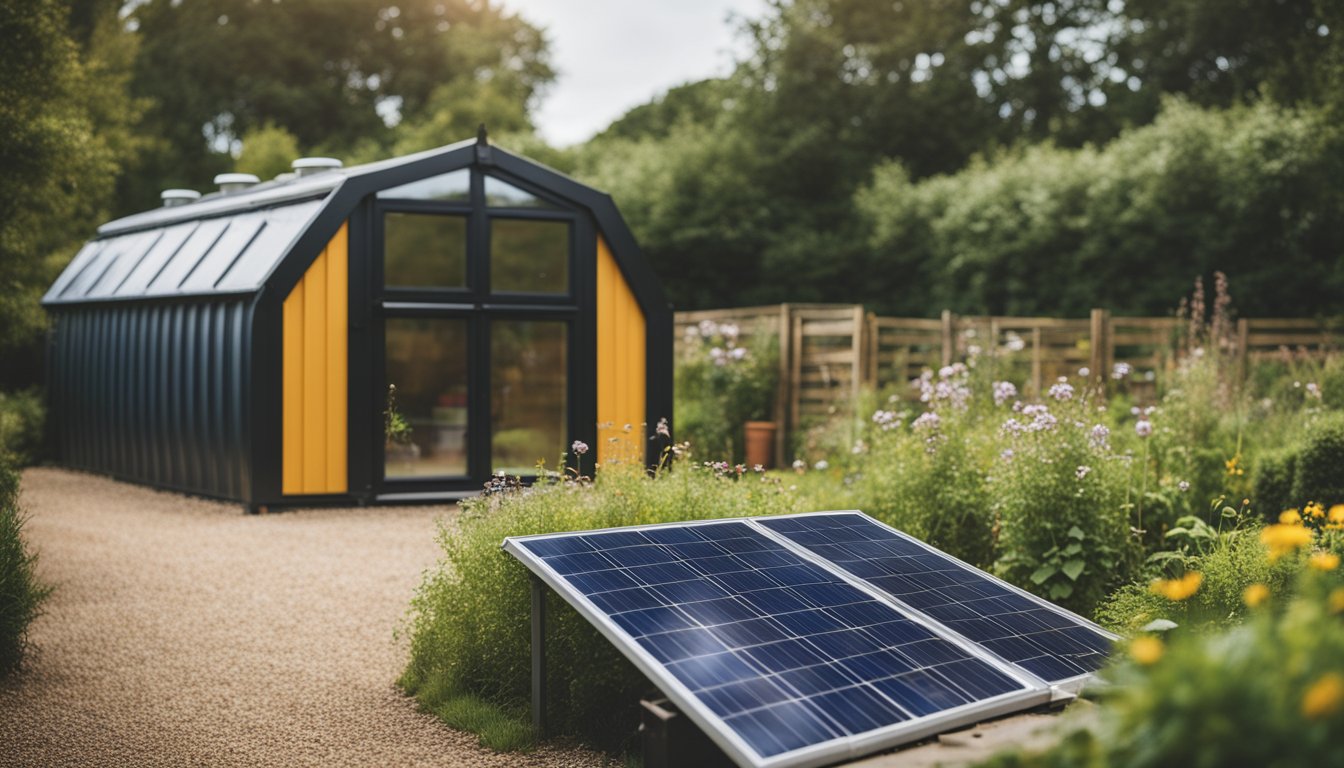 A cozy rural UK home with solar panels, a composting bin, and a rainwater collection system