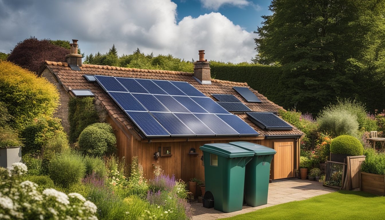 A cozy rural UK home with solar panels, wind turbines, and a compost bin. Garden with native plants and a rainwater harvesting system