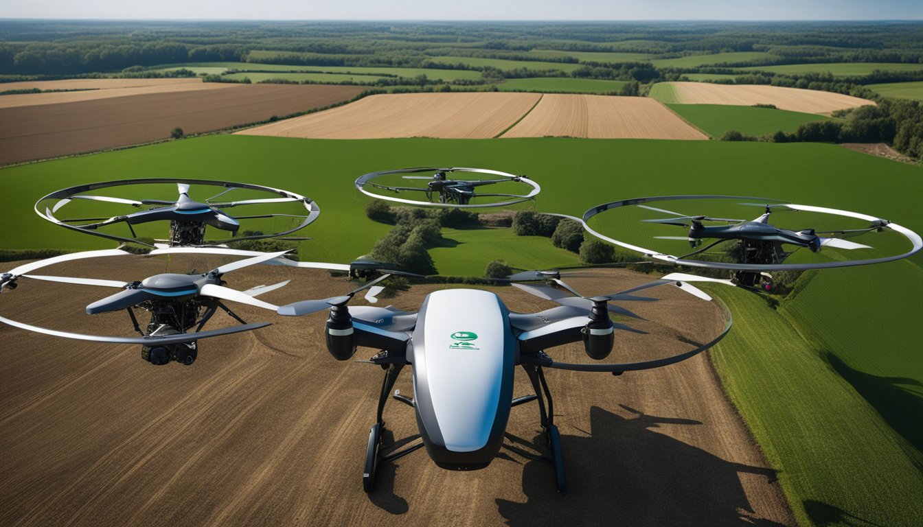 A futuristic UK farm with advanced technology: automated drones, soil sensors, and robotic harvesters working in sync