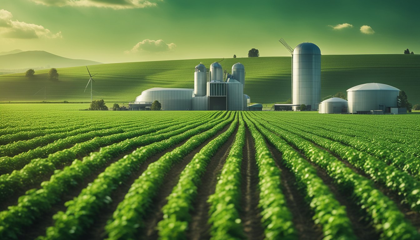 A lush green field with rows of crops stretching into the distance, dotted with high-tech farming equipment and automated tools. A futuristic farm building stands in the background