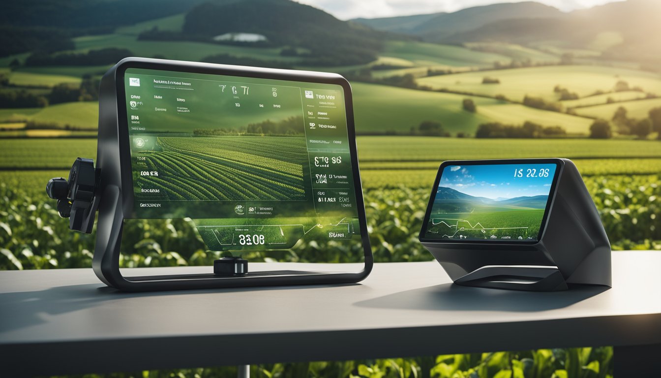 A futuristic smart farming tool display with UK farm landscapes in the background