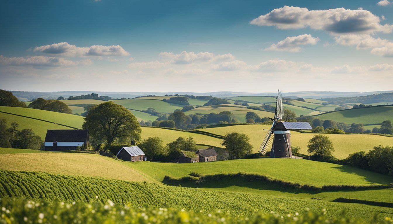 A serene UK countryside landscape with a traditional windmill and solar panels on a farmhouse roof. Rolling green hills and a clear blue sky complete the tranquil scene