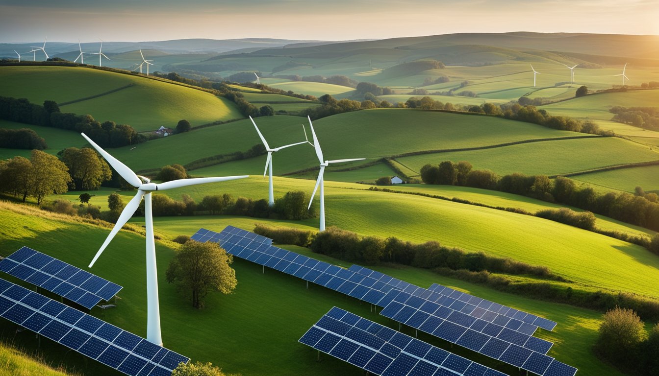 A serene UK countryside landscape with rolling green hills, wind turbines, and solar panels integrated into the natural surroundings