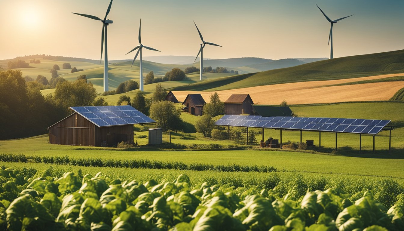 A picturesque rural landscape with rolling hills, wind turbines, solar panels, and a quaint farmhouse with a vegetable garden and compost bins