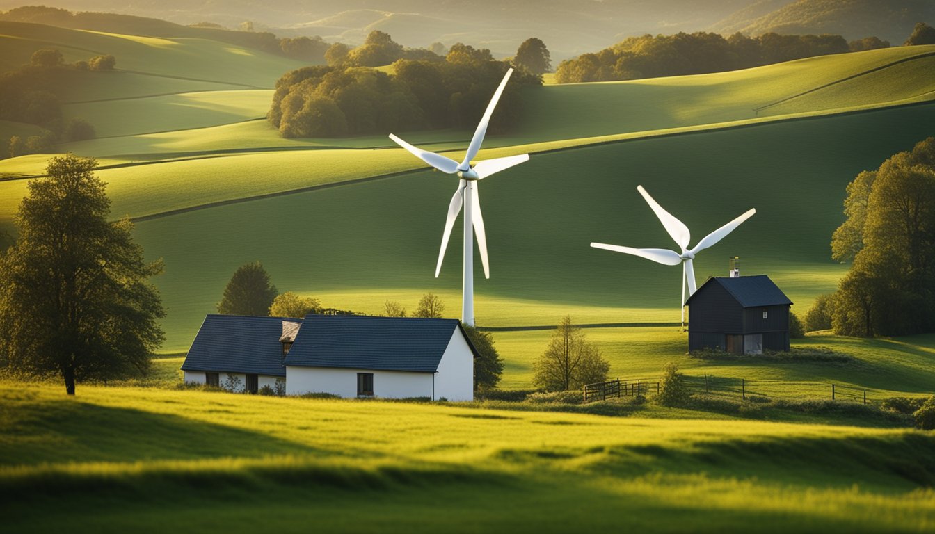 A serene countryside landscape with rolling green hills, a quaint cottage, and a wind turbine generating clean energy