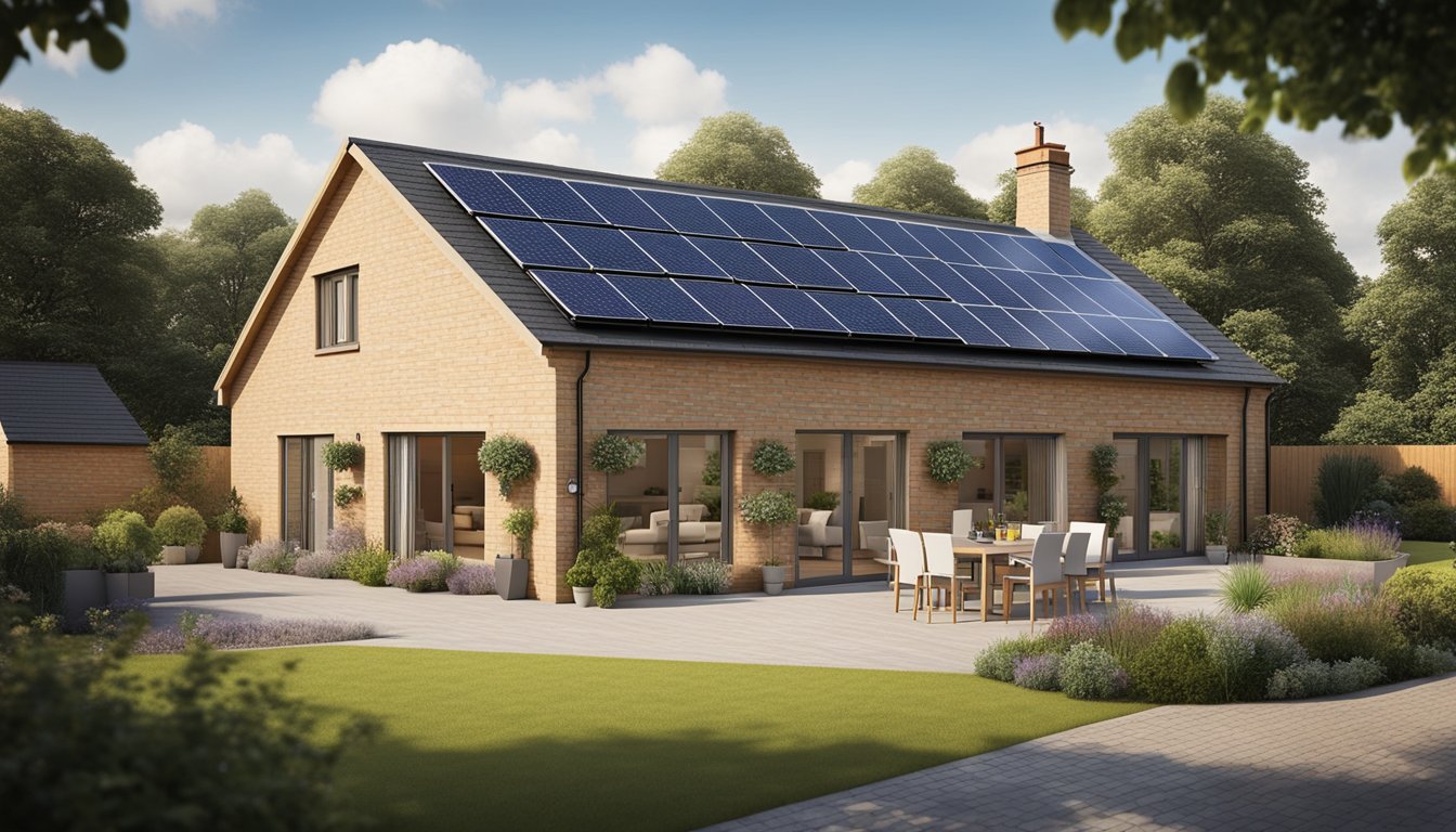 A cozy rural UK home with solar panels on the roof, a wind turbine in the yard, and smart energy meters inside