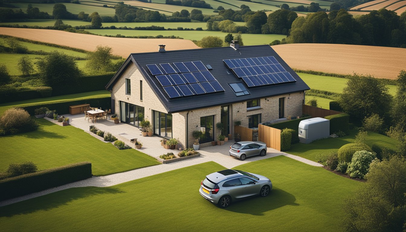 A rural UK home with solar panels on the roof, wind turbines in the distance, and smart energy meters inside the house