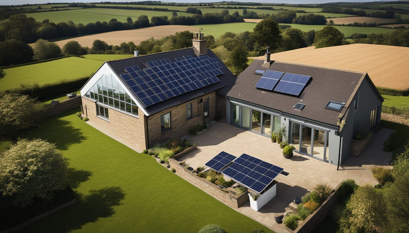 A rural UK home with solar panels on the roof, a wind turbine in the yard, and smart energy management systems controlling usage